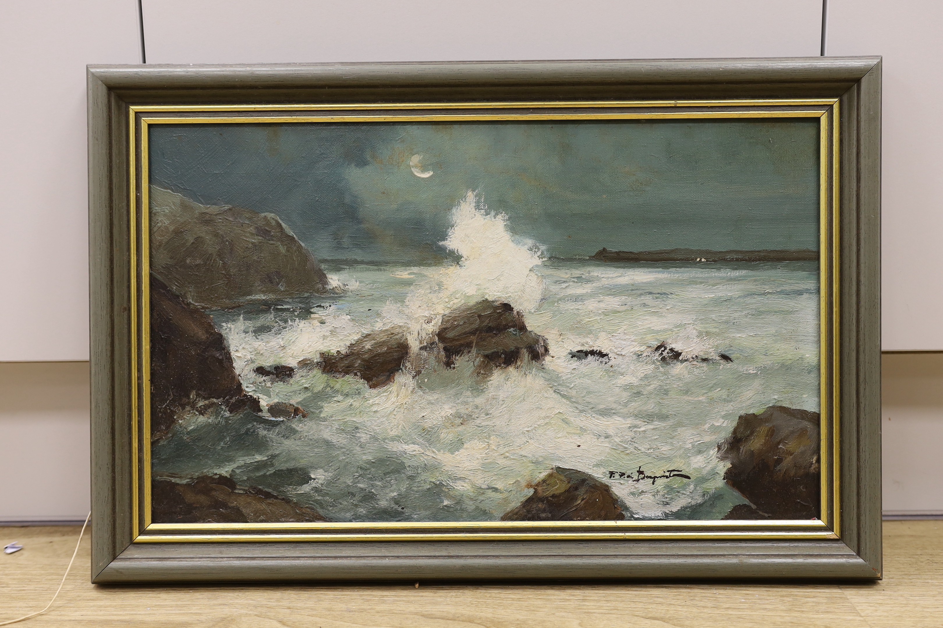 Esposito, oil on canvas, Moonlit rocky seascape, indistinctly signed, 29 x 48cm